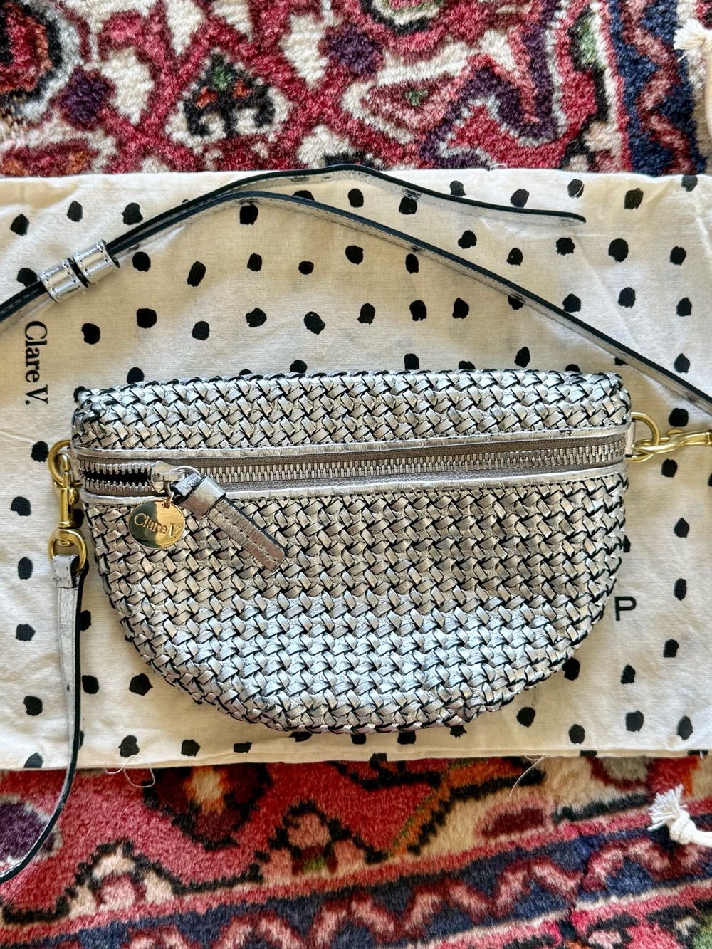 Clare V. Petite Woven Metallic Crossbody Belt Bag in Silver - Picture 6 of 11